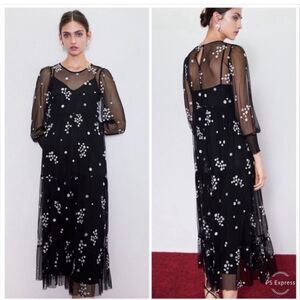 Zara Floral Embroidery Long Sleeve Sheer Maxi Dress In Black Size XS